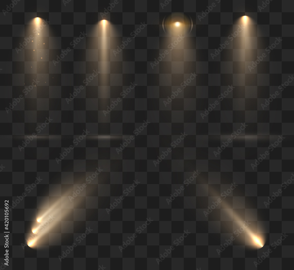 Poster Spotlights set isolated on transparent background. Vector glowing light effect with golden rays and lens flares.