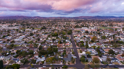 Aerial view of the city of downtown Placentia, California, USA.