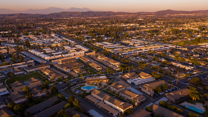 Aerial view of the city of downtown Placentia, California, USA.