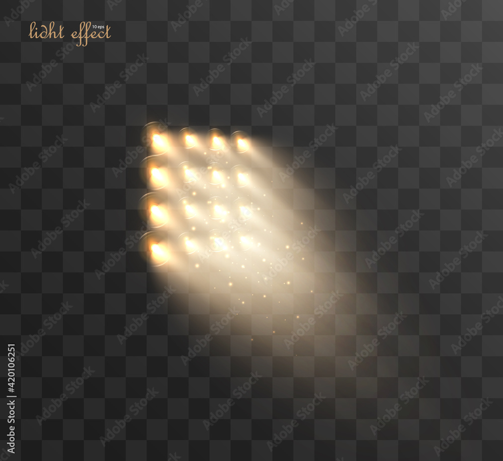 Poster Spotlights set isolated on transparent background. Vector glowing light effect with golden rays and lens flares.