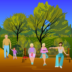 People walk and relax together in the park. Sitting on a bench. Family holiday. In summer. Vector illustration. 