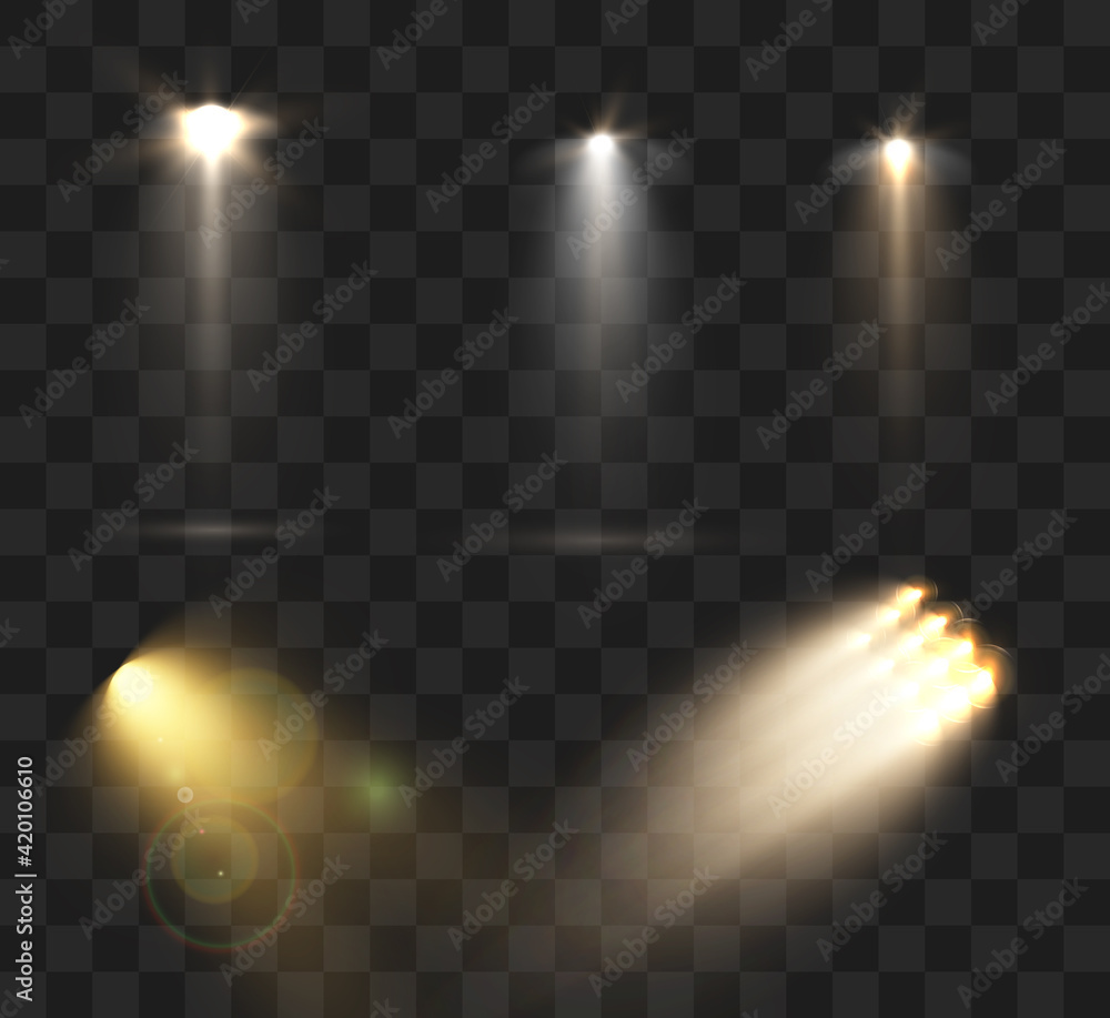 Poster Spotlights set isolated on transparent background. Vector glowing light effect with golden rays and lens flares.