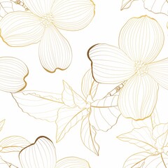 Dogwood branch with golden line flowers seamless pattern. Cornus florida.  Line drawing. White background.