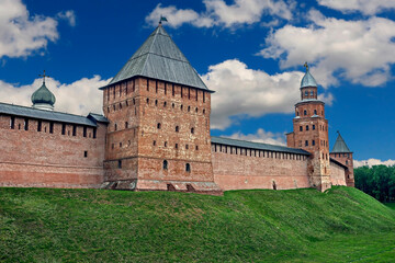 Fototapeta na wymiar Fortress wall and towers. Kremlin in the city of Novgorod, Russia 
