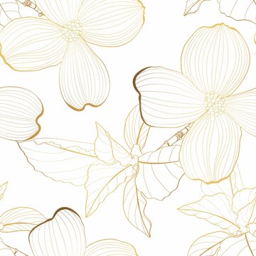 Dogwood branch with golden line flowers seamless pattern. Cornus florida.  Line drawing. White background.