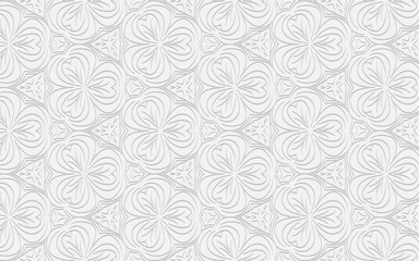 Volumetric composition with 3D effect of convex shape. Geometric white background with embossed ethnic pattern for wallpaper, presentations. Ornament for decor and design.