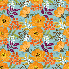 Orange flowers, and leaves on a grey background. Abstract floral seamless pattern design for backdrop, wrapping paper, fabric, textile, and wallpaper.