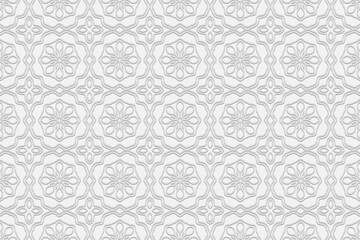 Volumetric ethnic openwork composition with a 3D effect of a convex shape. White background with embossed geometric ornament for wallpaper, websites. 