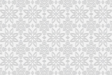 Volumetric unique composition with 3D effect of convex shape. Geometric embossed white background. Ethnic ornament in oriental style from original figures.