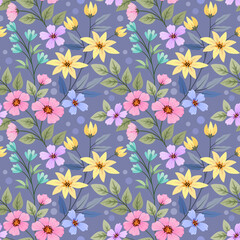 Colorful flowers, and leaves on a purple background. Abstract floral seamless pattern design for backdrop, wrapping paper, fabric, textile, and wallpaper.