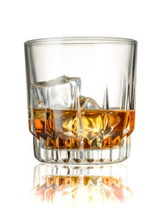Whiskey with ice cubes, isolated on the white background.
