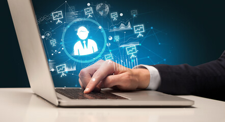 Business hand working on laptop, successful business concept