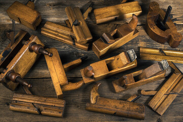 Joinery tools on wood table background with copy space