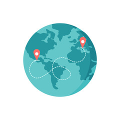 Earth globe with location map pin pointer journey destination,  vector illustration in flat style, isolated on white. Tourism and traveling concept