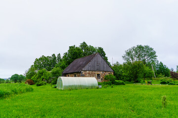 countryside house garden backyard in summer with old buildings and decorations