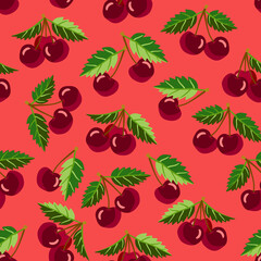 Cherry fruits with leaves seamless pattern.