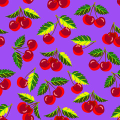 Cherry fruits with leaves seamless pattern.