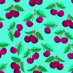 Cherry fruits with leaves seamless pattern.