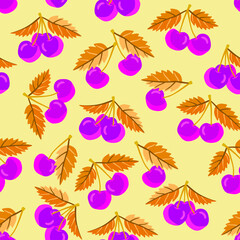 Obraz premium Cherry fruits with leaves seamless pattern.