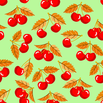 Cherry fruits with leaves seamless pattern.