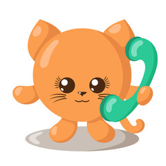 Funny cute smiling cat holding a phone. Colored isolated animal vector illustration in flat design with shadows	