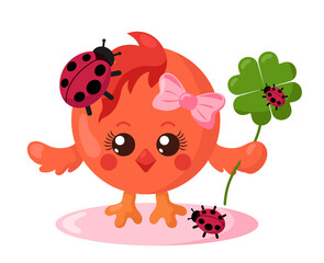 Funny cute chick with round body and ladybugs holding four-leaf good luck clover in flat design with shadows. Isolated animal vector illustration	