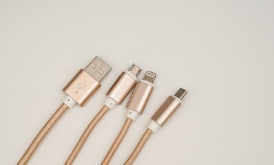 Different types of usb cable on white background.
