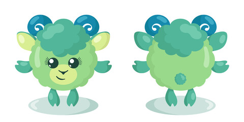 Obraz premium Funny cute kawaii lamb with round body in flat design with shadows, front and back. Isolated animal vector illustration 