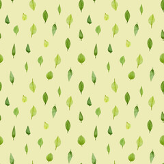 watercolor seamless pattern with green leaves on a green background