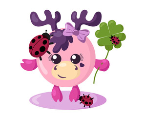 Funny cute smiling moose or deer with round body and ladybugs holding four leaf good luck clover in flat design with shadows. Isolated animal vector illustration	