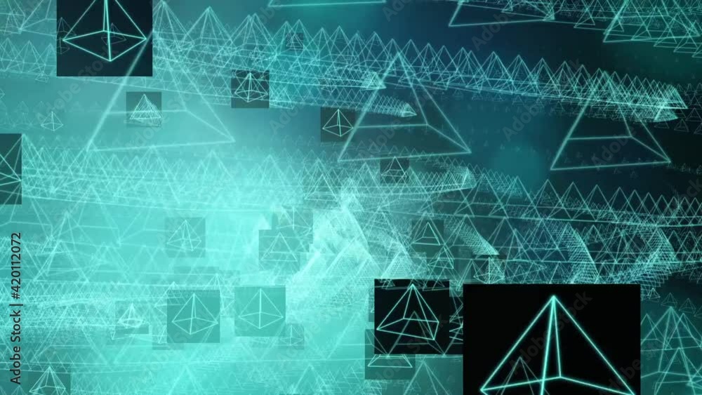 Poster abstract flight of green triangular pyramids on a black square, leaving a trace in space. beautiful 
