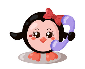 Funny cute penguin holding a phone. Colored isolated animal vector illustration in flat design with shadows	