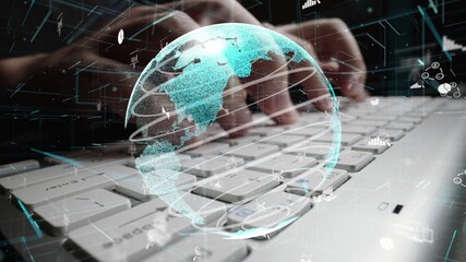 Man working on computer with graphic of business data analytic modernization showing concept of statistical investment decision making methodology, fintech and financial engineering .