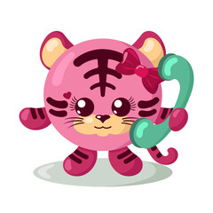 Funny cute smiling tiger holding a phone. Colored isolated animal vector illustration in flat design with shadows	