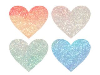 set of four hearts, glitter and shine, multicolor, pastel shades and with ombre and gradient effect