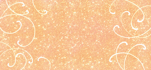 cute orange peach glitter background with curls and many sparkles and sequins. Frame for the design of invitations, cards, banners