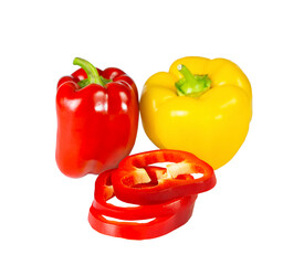 Two bell peppers red and yellow isolated on white background.