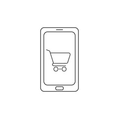 Shopping online. Phone display with shopping cart line icon. Vector