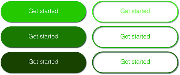 Get started buttons with shadow. Website button. Simple modern concept button for website and projects. Dark and light interface design. Click Green icons