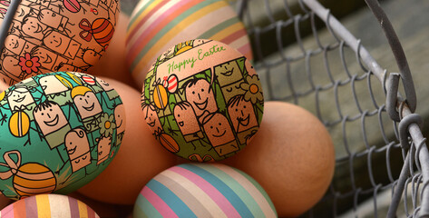 Fresh organic chicken eggs with Easter decoration, in a metal basket