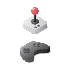 Video games concept. Gamepad and joystick controller. Isometric vector illustration. Isolated on white background.