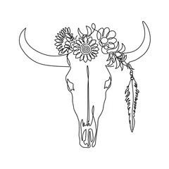 Fototapete Boho Büffelschädel mit Blumenstrauß-Entwurfs-Vektor-Illustration lokalisiert auf Weiß.