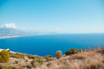 Beautiful panorama landscape of Alanya in Antalya district, Turkey. Popular tourist destination. Summer sunny day and beautiful sea 
