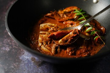 Homemade Kerala Crab curry / Masala crabs, selective focus