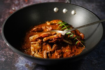 Homemade Kerala Crab curry / Masala crabs, selective focus