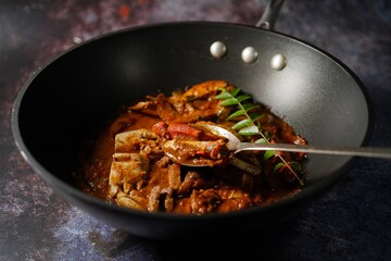 Homemade Kerala Crab curry / Masala crabs, selective focus