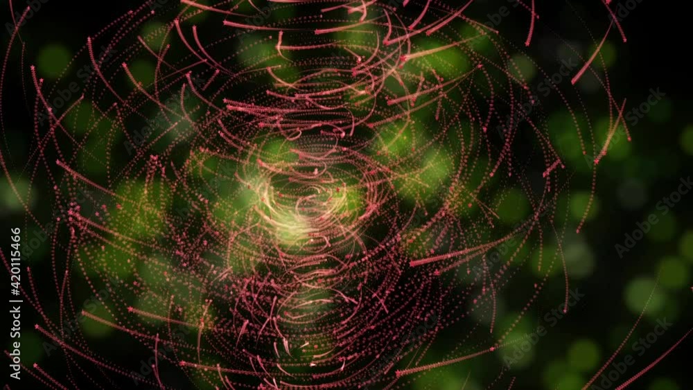 Poster abstract rotation of multicolored red particles and blurry green balls. futuristic technology kaleid