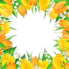 Yellow Tulips. Lilies of the valley. Square Border. Design element. Greeting card. Invitation.