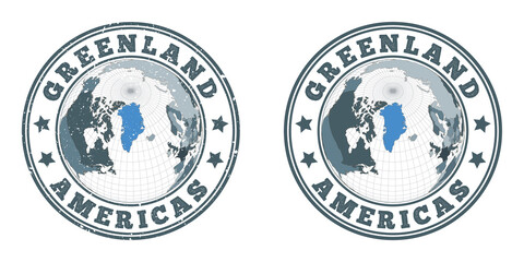 Greenland round logos. Circular badges of the country with a map of Greenland in a world context. Plain and textured country stamps. Vector illustration.
