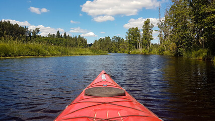 Kayak on a calm wide river surrounded by untouched bright green mixed forest and reeds in sweden - ego perspective